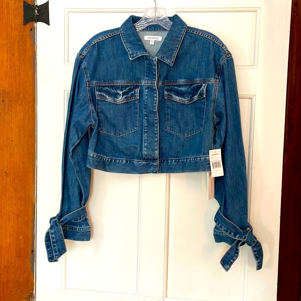 Good American Cropped Jean Jacket with Knotted Sleeve Ties, NWT
